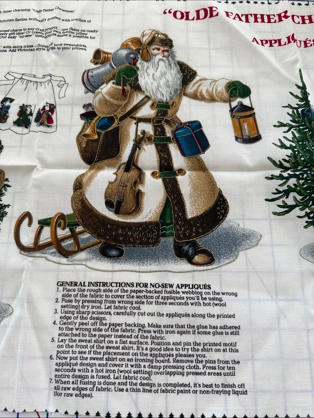Vintage Olde Father Christmas Fabric Applique Panel Victorian Santa Uncut